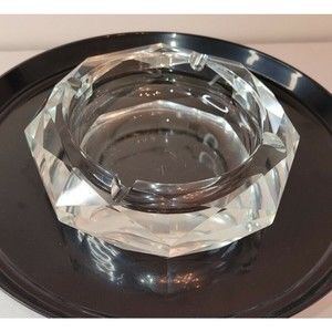 Vintage Post House Hand Cut Lead Crystal Faceted Beveled Ashtray/Brush Holder